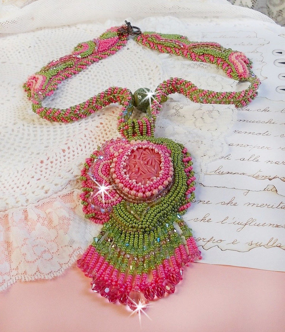 Miss Lady necklace embroidered with green and pink seed beads and a resin cabochon