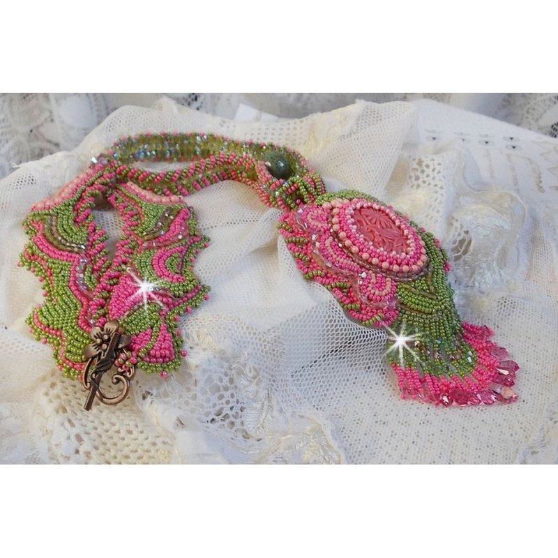 Miss Lady necklace embroidered with green and pink seed beads and a resin cabochon