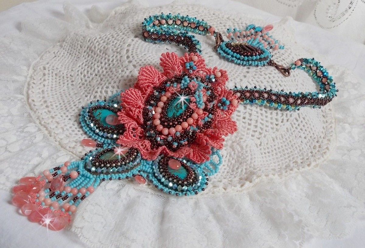 Naïade Haute-Couture necklace created with turquoise cabochons, PureCrystal crystals, lace and various beads