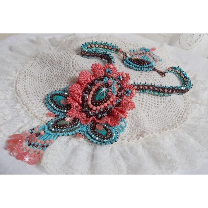 Naïade Haute-Couture necklace created with turquoise cabochons, PureCrystal crystals, lace and various beads