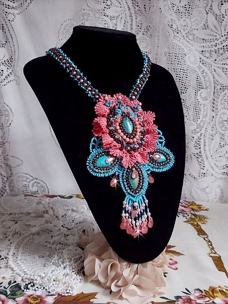 Na&iuml;ade Haute-Couture necklace created with turquoise cabochons, PureCrystal crystals, lace and various beads