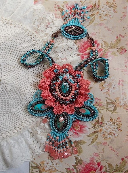 Na&iuml;ade Haute-Couture necklace created with turquoise cabochons, PureCrystal crystals, lace and various beads