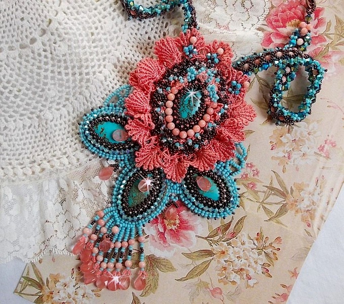 Na&iuml;ade Haute-Couture necklace created with turquoise cabochons, PureCrystal crystals, lace and various beads
