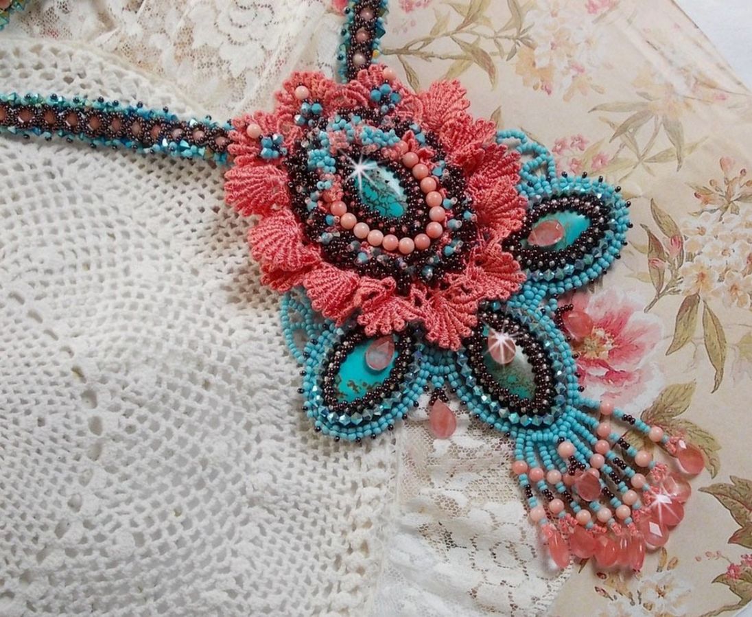 Naïade Haute-Couture necklace created with turquoise cabochons, PureCrystal crystals, lace and various beads