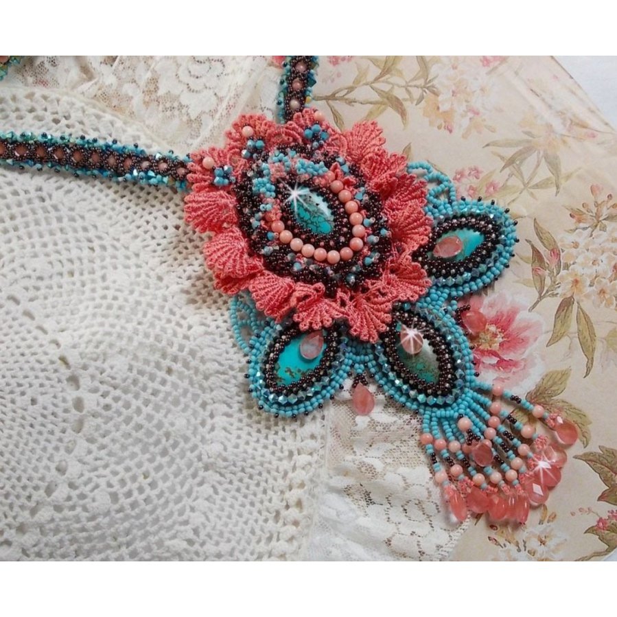 Naïade Haute-Couture necklace created with turquoise cabochons, PureCrystal crystals, lace and various beads