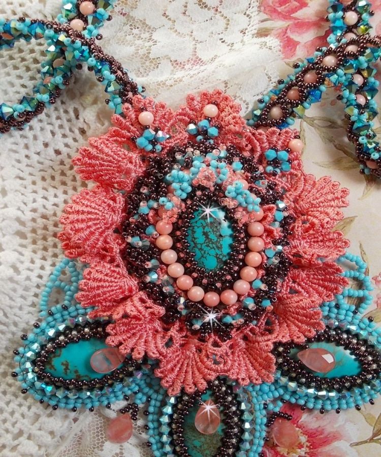 Naïade Haute-Couture necklace created with turquoise cabochons, PureCrystal crystals, lace and various beads