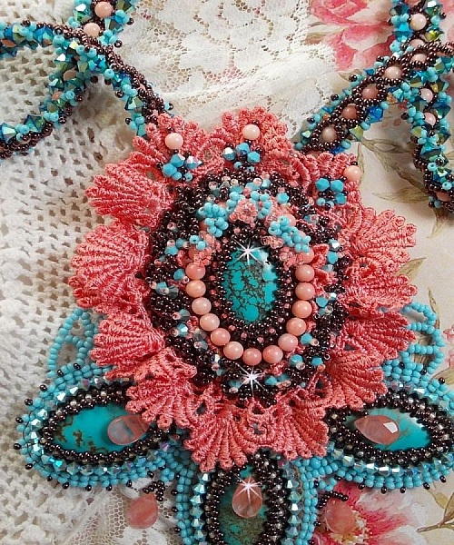 Na&iuml;ade Haute-Couture necklace created with turquoise cabochons, PureCrystal crystals, lace and various beads