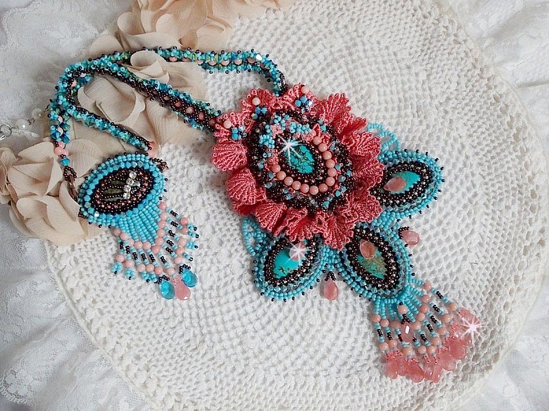 Na&iuml;ade Haute-Couture necklace created with turquoise cabochons, PureCrystal crystals, lace and various beads