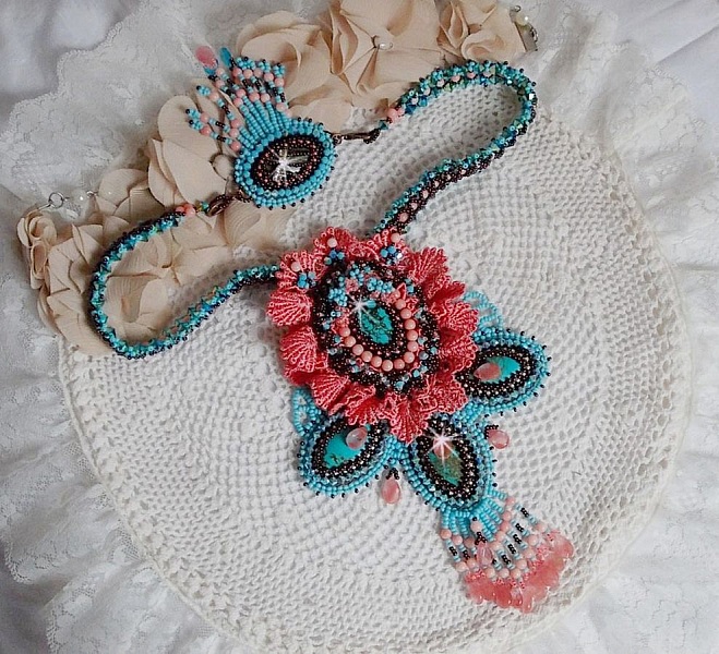 Na&iuml;ade Haute-Couture necklace created with turquoise cabochons, PureCrystal crystals, lace and various beads