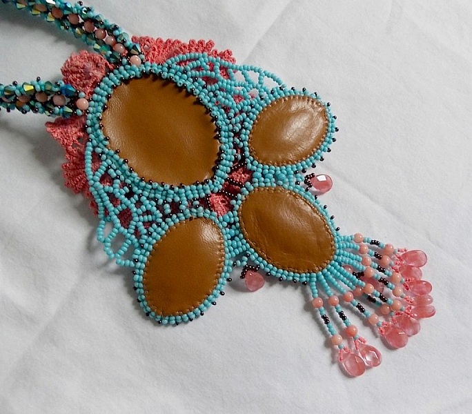 Na&iuml;ade Haute-Couture necklace created with turquoise cabochons, PureCrystal crystals, lace and various beads