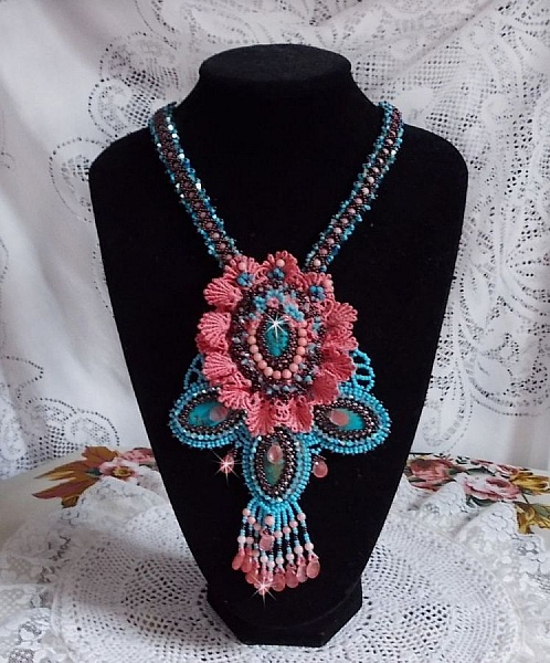 Na&iuml;ade Haute-Couture necklace created with turquoise cabochons, PureCrystal crystals, lace and various beads