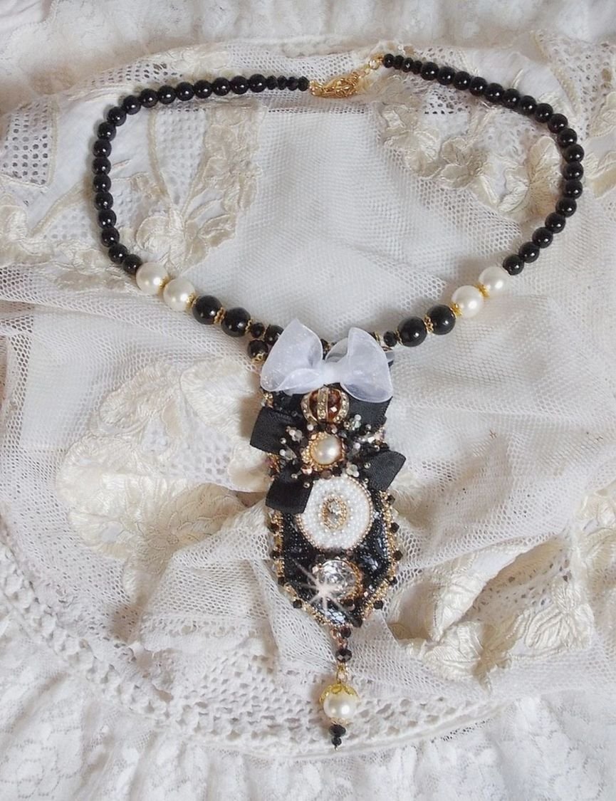 Vintage Sacred Black Haute-Couture necklace embroidered with Swarovski crystals, organza ribbon and Miyuki beads