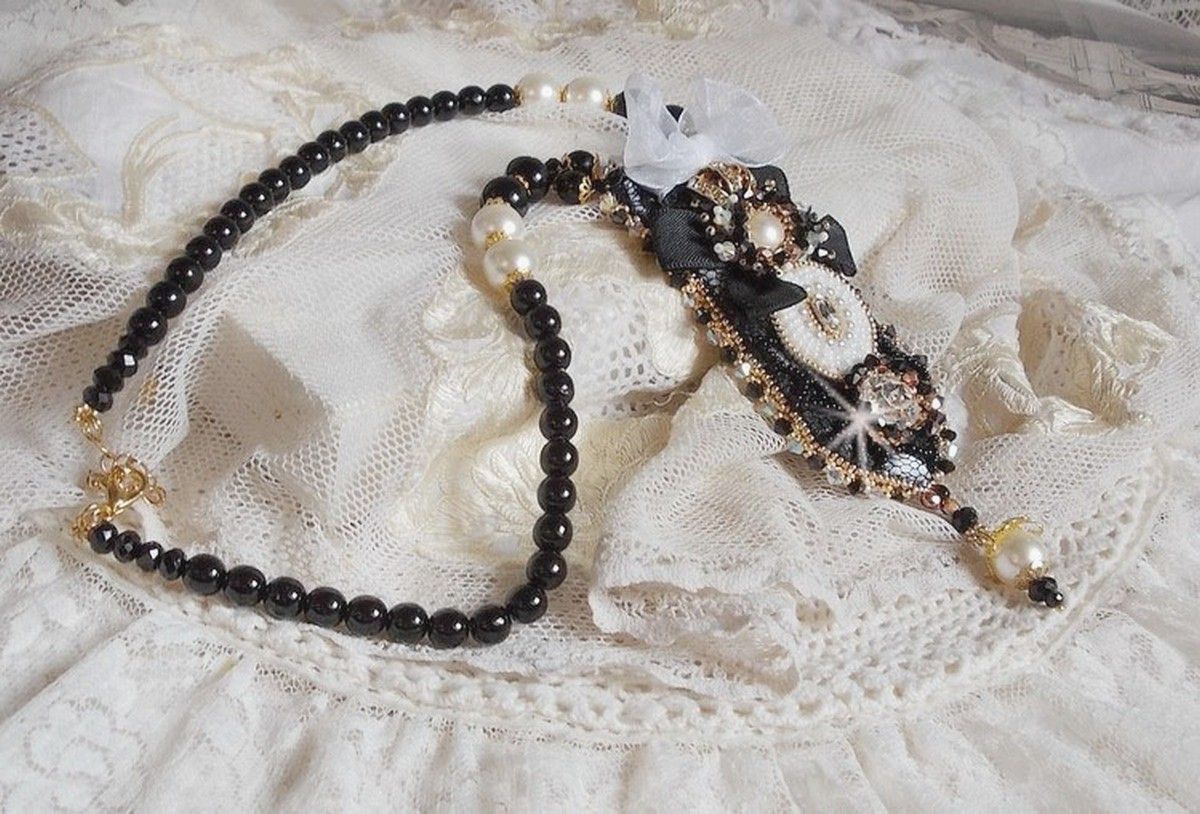 Vintage Sacred Black Haute-Couture necklace embroidered with Swarovski crystals, organza ribbon and Miyuki beads