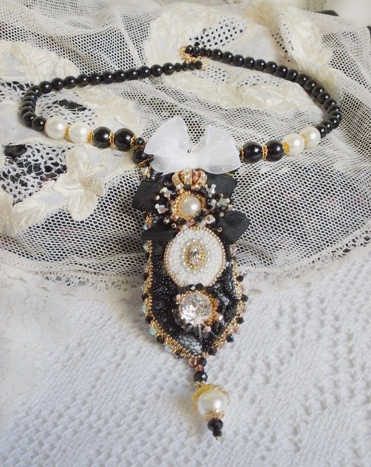 Vintage Sacred Black Haute-Couture necklace embroidered with Swarovski crystals, organza ribbon and Miyuki beads