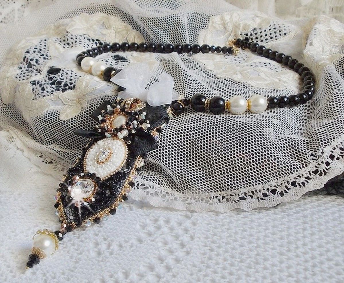 Vintage Sacred Black Haute-Couture necklace embroidered with Swarovski crystals, organza ribbon and Miyuki beads