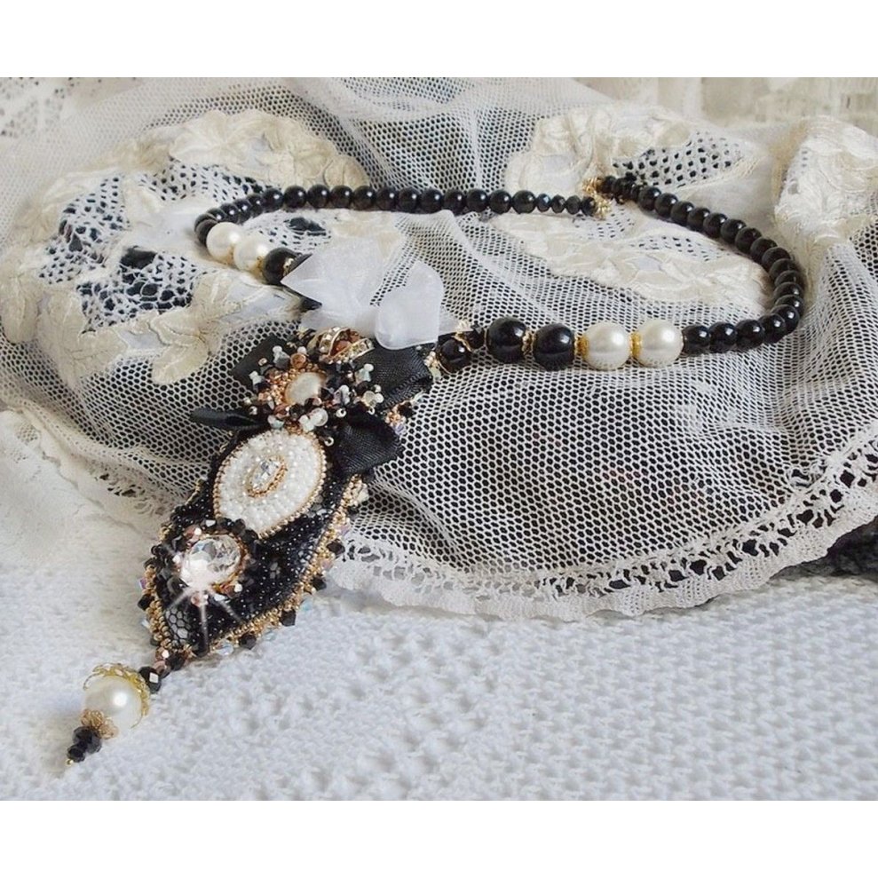 Vintage Sacred Black Haute-Couture necklace embroidered with Swarovski crystals, organza ribbon and Miyuki beads