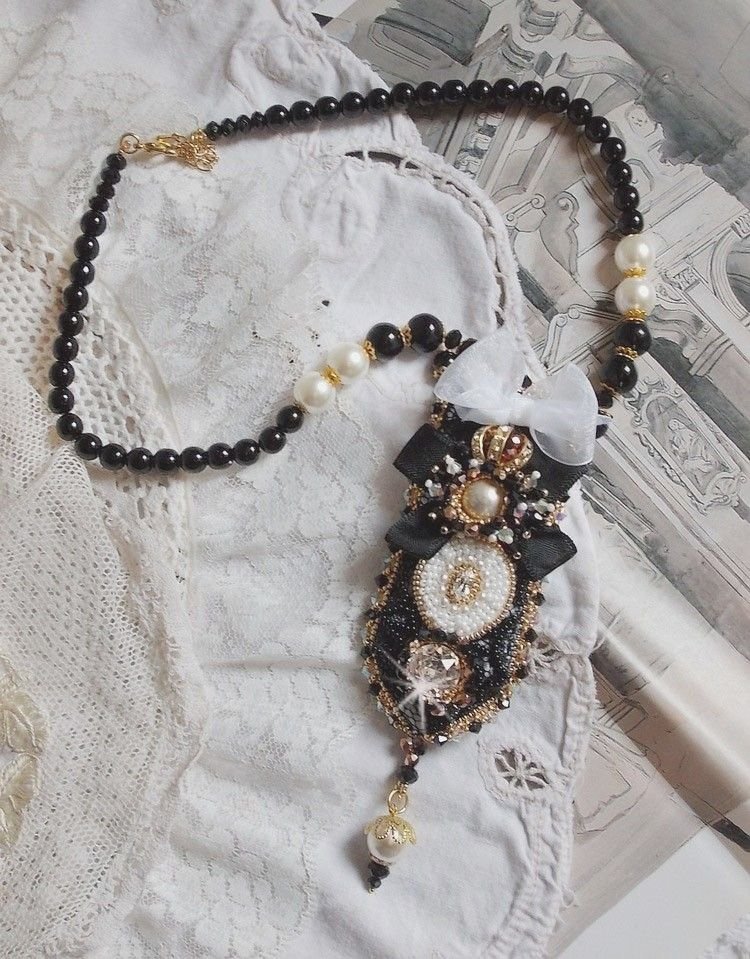 Vintage Sacred Black Haute-Couture necklace embroidered with Swarovski crystals, organza ribbon and Miyuki beads