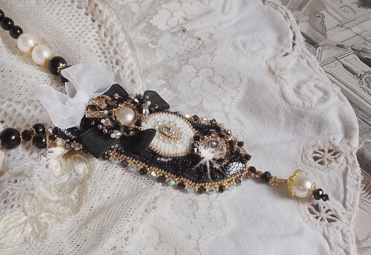 Vintage Sacred Black Haute-Couture necklace embroidered with Swarovski crystals, organza ribbon and Miyuki beads