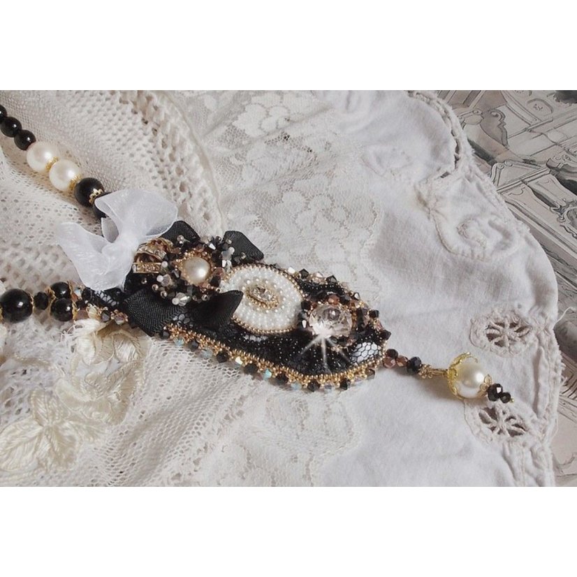 Vintage Sacred Black Haute-Couture necklace embroidered with Swarovski crystals, organza ribbon and Miyuki beads