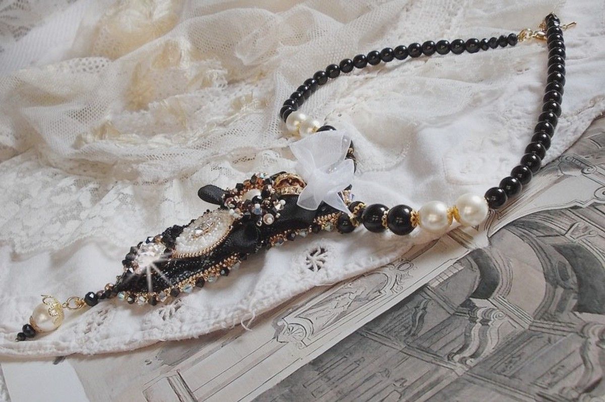 Vintage Sacred Black Haute-Couture necklace embroidered with Swarovski crystals, organza ribbon and Miyuki beads