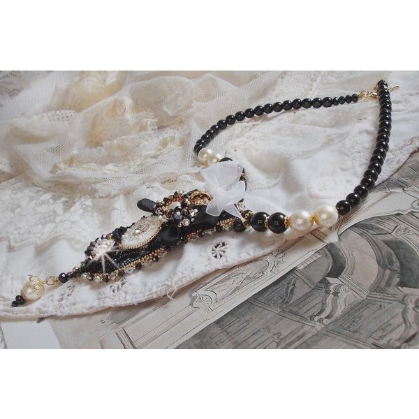 Vintage Sacred Black Haute-Couture necklace embroidered with Swarovski crystals, organza ribbon and Miyuki beads