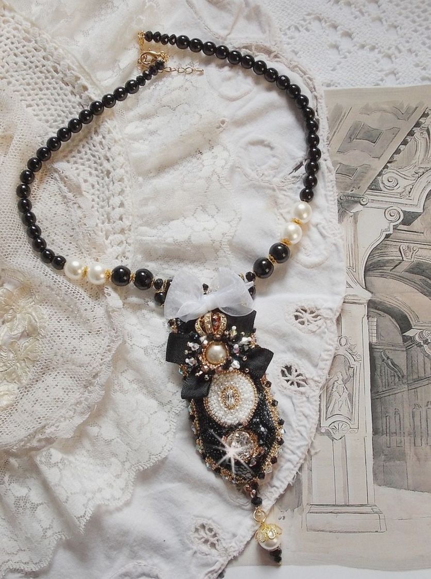 Vintage Sacred Black Haute-Couture necklace embroidered with Swarovski crystals, organza ribbon and Miyuki beads