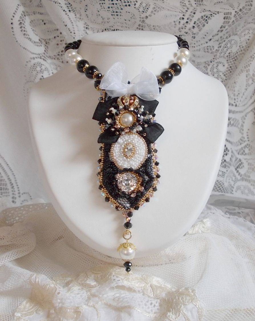 Vintage Sacred Black Haute-Couture necklace embroidered with Swarovski crystals, organza ribbon and Miyuki beads