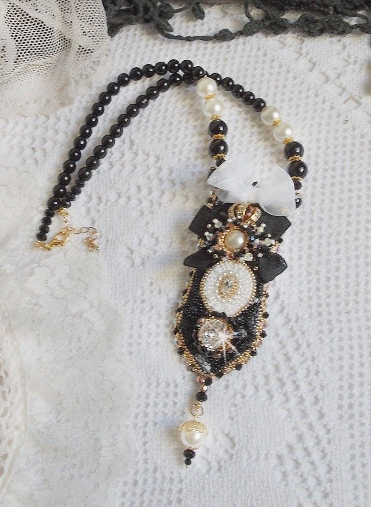 Vintage Sacred Black Haute-Couture necklace embroidered with Swarovski crystals, organza ribbon and Miyuki beads