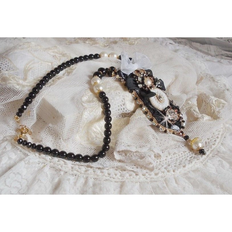 Vintage Sacred Black Haute-Couture necklace embroidered with Swarovski crystals, organza ribbon and Miyuki beads