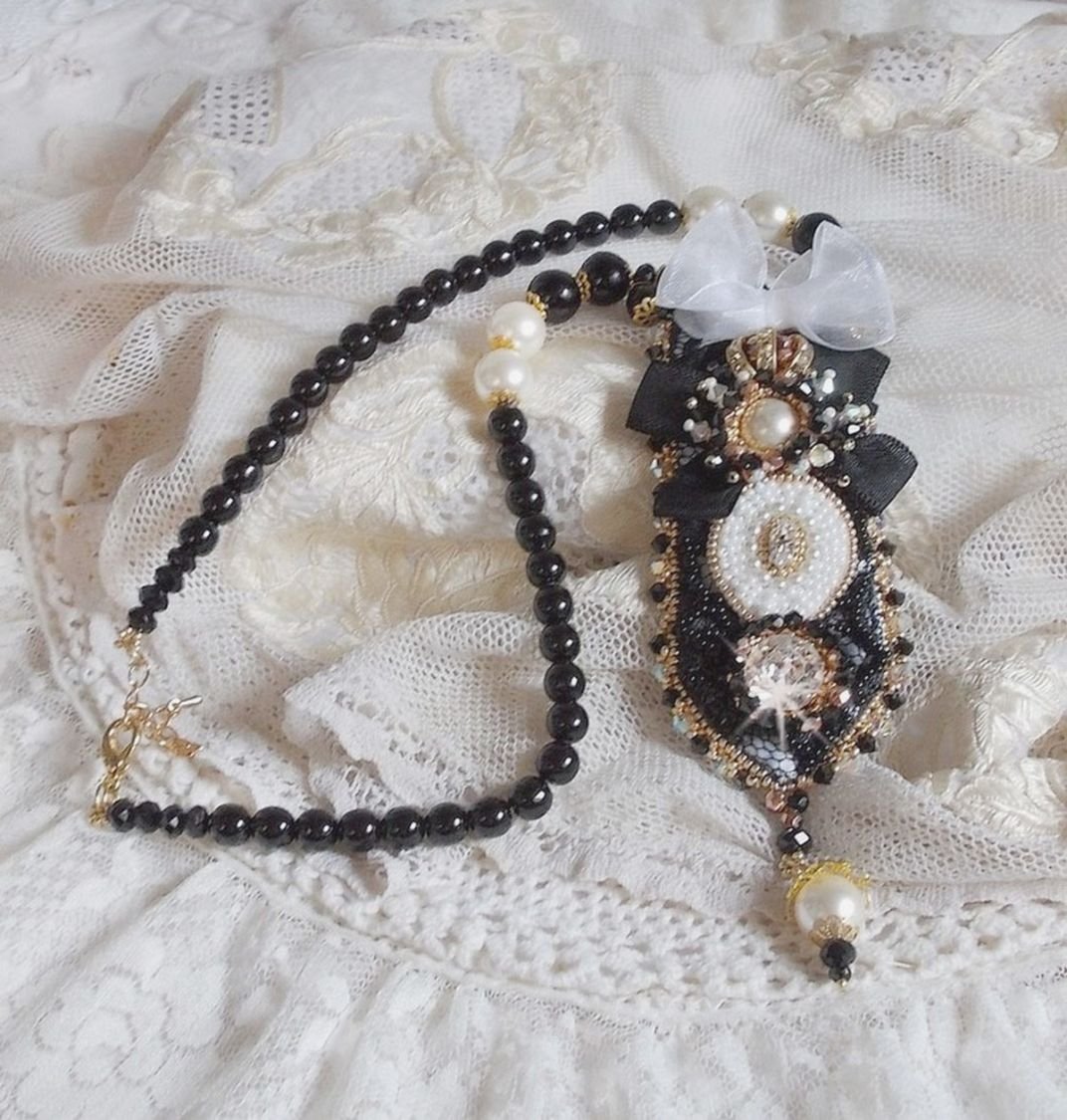 Vintage Sacred Black Haute-Couture necklace embroidered with Swarovski crystals, organza ribbon and Miyuki beads