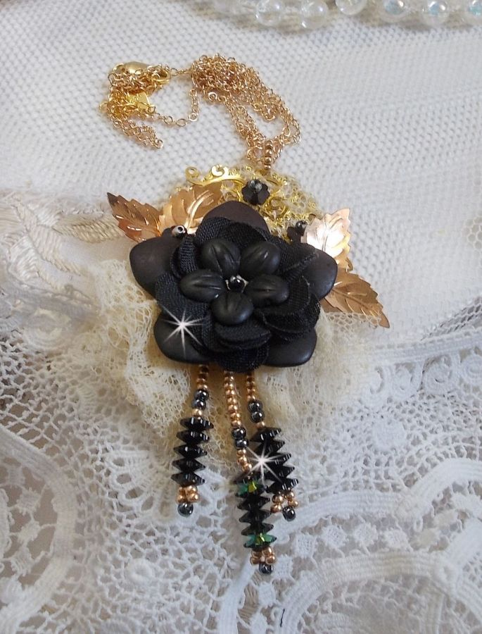 Black and Gold Dreamcatcher Pendant Necklace with a very old lace and beautiful Crystals