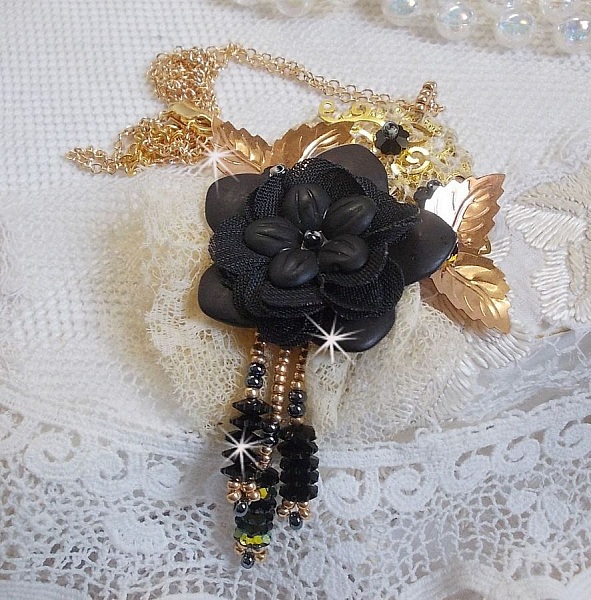 Black and Gold Dreamcatcher Pendant Necklace with a very old lace and beautiful Crystals