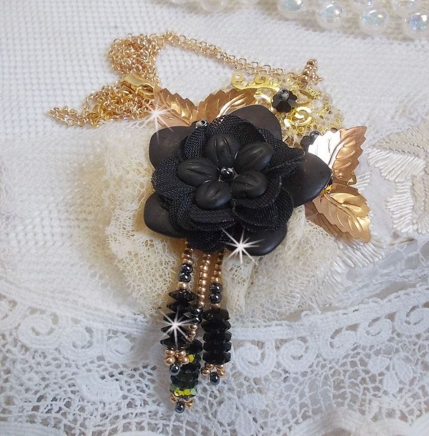 Black and Gold Dreamcatcher Pendant Necklace with a very old lace and beautiful Crystals