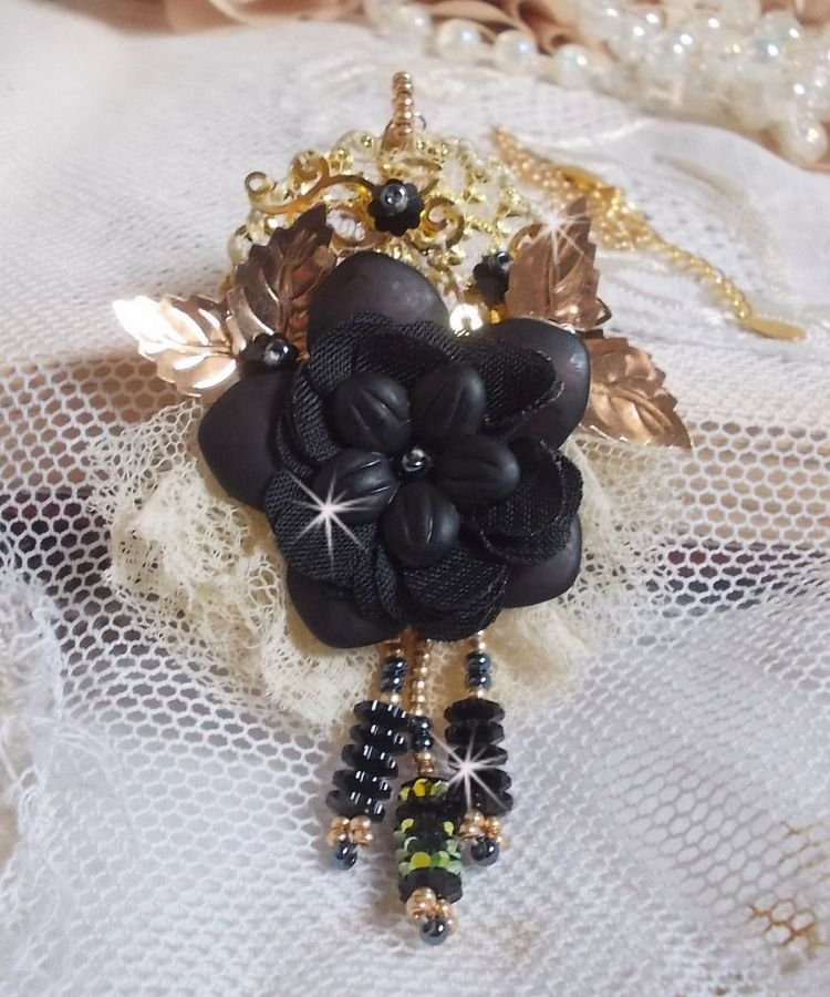 Black and Gold Dreamcatcher Pendant Necklace with a very old lace and beautiful Crystals