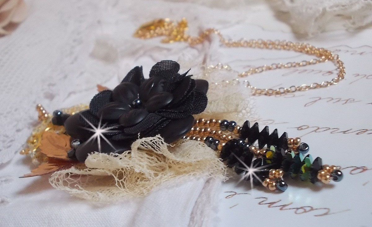 Black and Gold Dreamcatcher Pendant Necklace with a very old lace and beautiful Crystals