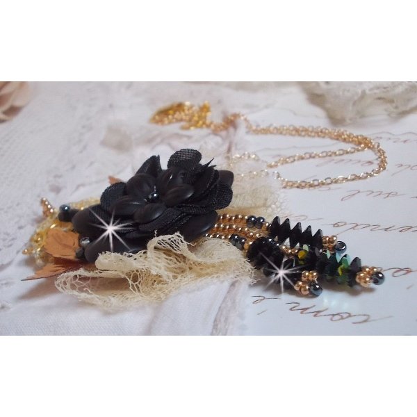 Black and Gold Dreamcatcher Pendant Necklace with a very old lace and beautiful Crystals