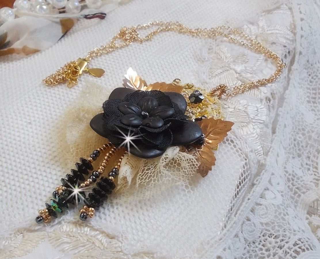 Black and Gold Dreamcatcher Pendant Necklace with a very old lace and beautiful Crystals