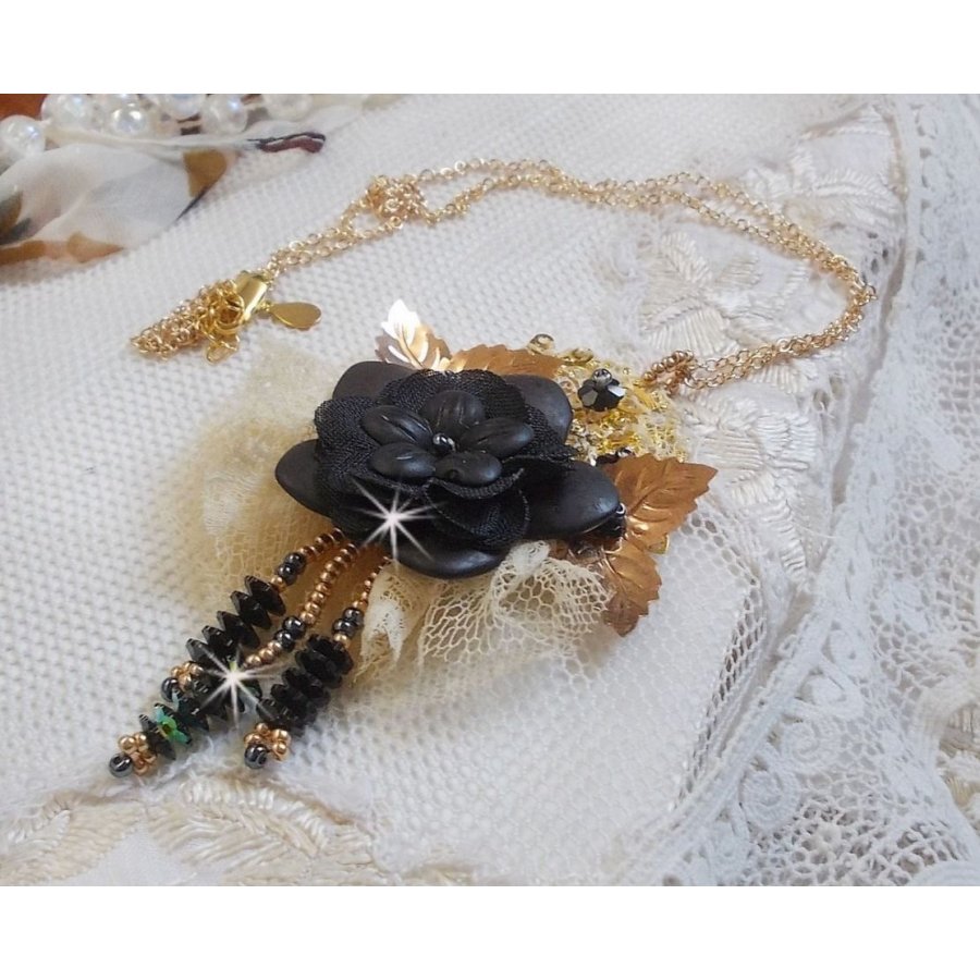 Black and Gold Dreamcatcher Pendant Necklace with a very old lace and beautiful Crystals