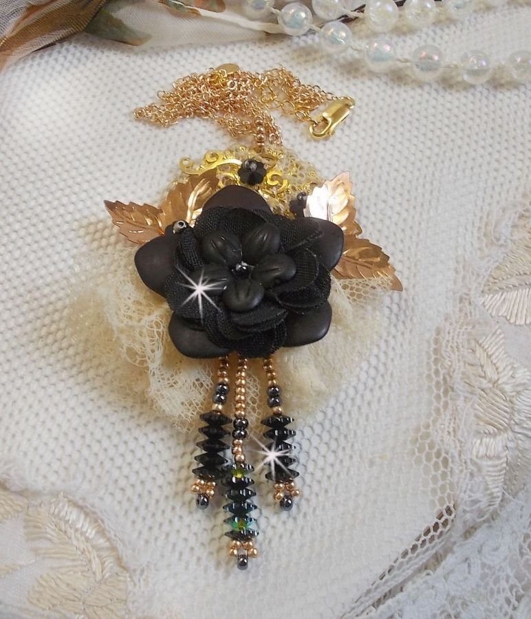 Black and Gold Dreamcatcher Pendant Necklace with a very old lace and beautiful Crystals