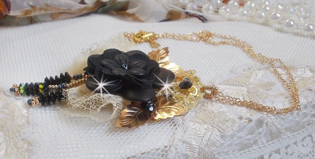 Black and Gold Dreamcatcher Pendant Necklace with a very old lace and beautiful Crystals