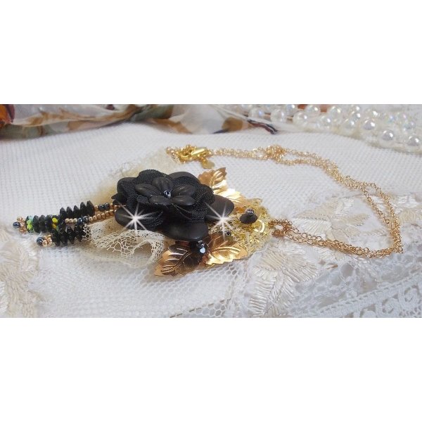 Black and Gold Dreamcatcher Pendant Necklace with a very old lace and beautiful Crystals