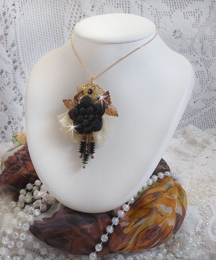 Black and Gold Dreamcatcher Pendant Necklace with a very old lace and beautiful Crystals