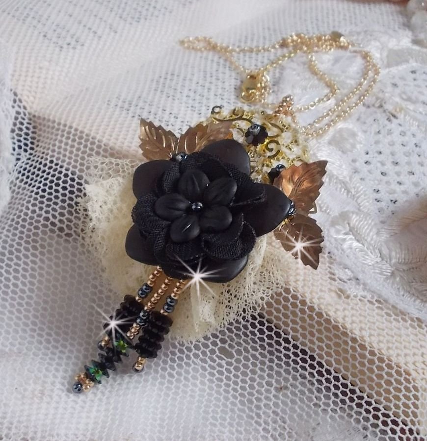 Black and Gold Dreamcatcher Pendant Necklace with a very old lace and beautiful Crystals