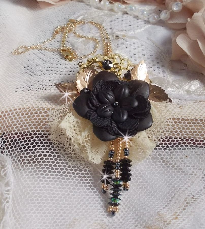 Black and Gold Dreamcatcher Pendant Necklace with a very old lace and beautiful Crystals