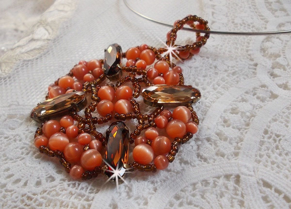 Autumn pendant necklace with Swarovski crystals and cat eye glass beads