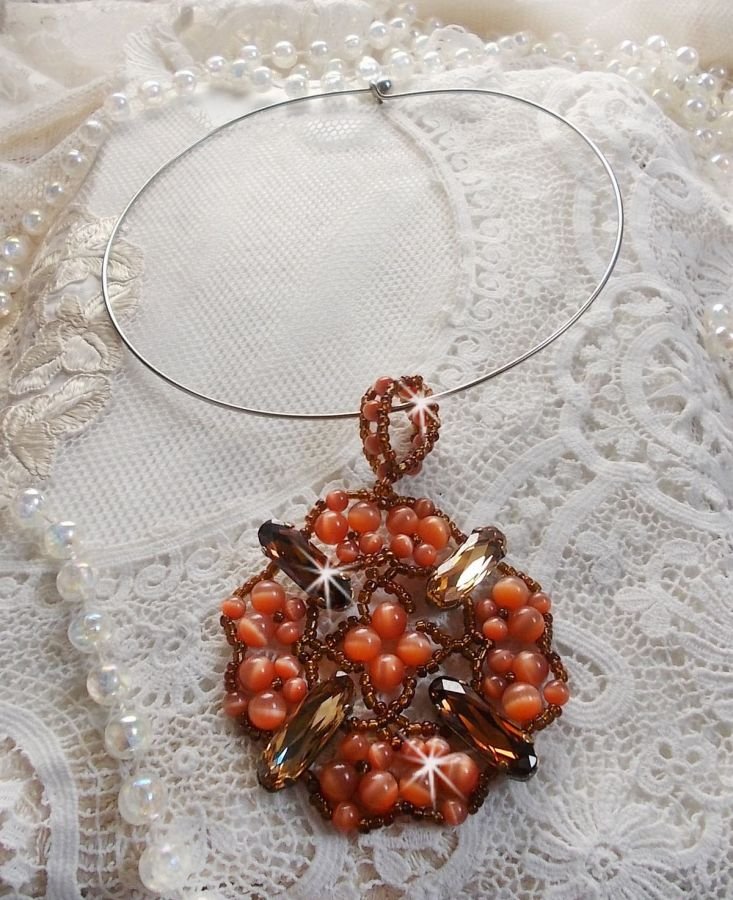 Autumn pendant necklace with Swarovski crystals and cat eye glass beads