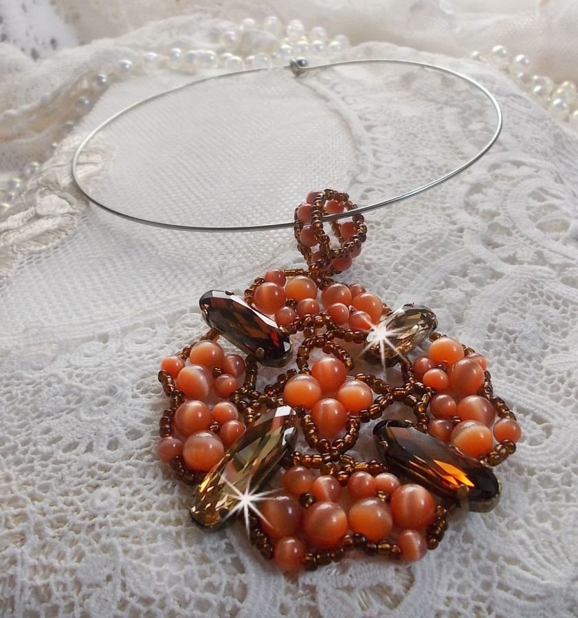 Autumn pendant necklace with Swarovski crystals and cat eye glass beads