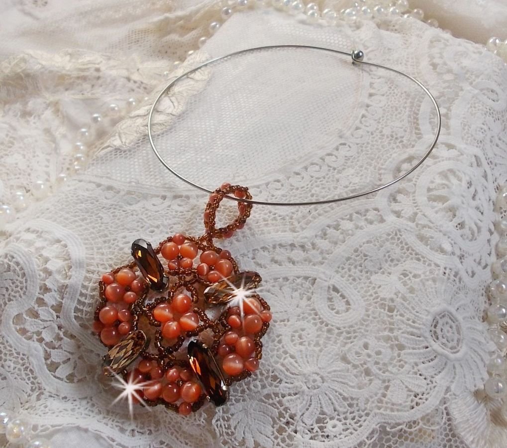 Autumn pendant necklace with Swarovski crystals and cat eye glass beads