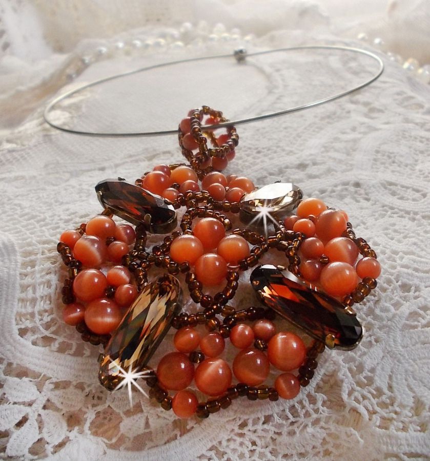 Autumn pendant necklace with Swarovski crystals and cat eye glass beads