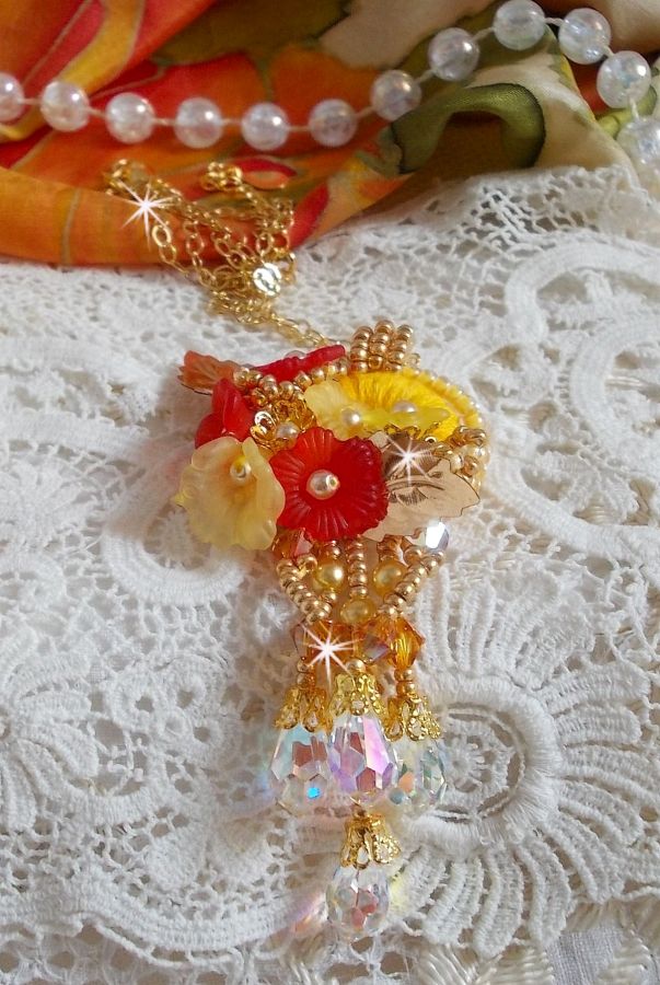 Gold button pendant necklace with various quality crystals and beads
